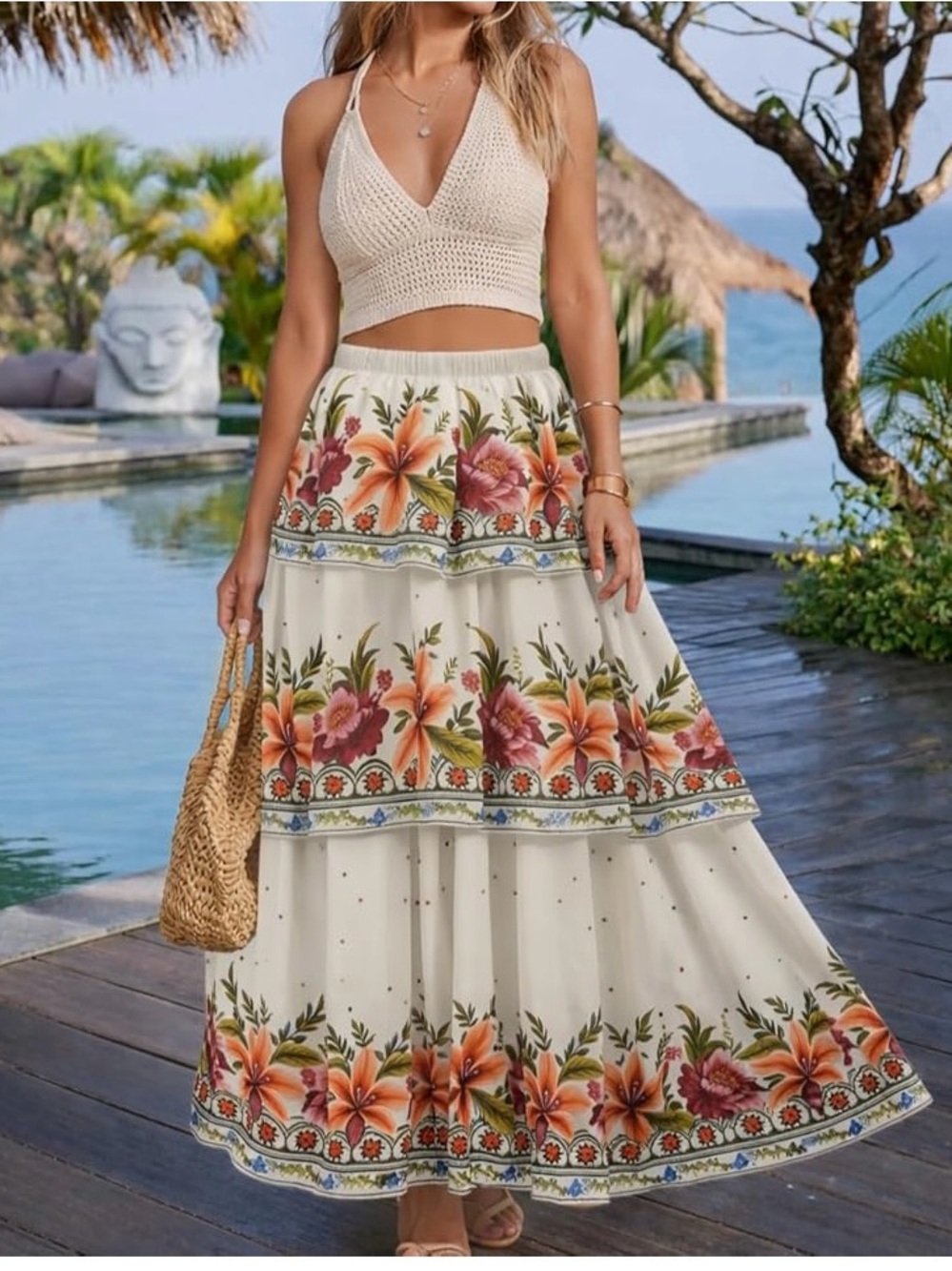 Women Boho Floral Tiered Flowing Maxi Skirt in Cream Elastic Waistband SZ L